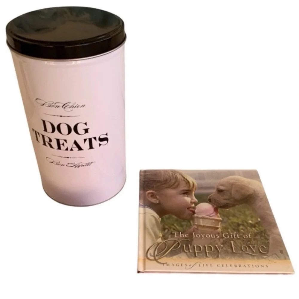 GIFT SET Dog Treats Canister & Puppy Love Book Dog Lover Kitchen Decor Bundle